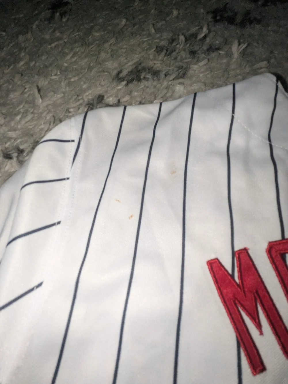 Majestic White Pinstripe Twins Baseball Jersey with Red Logo